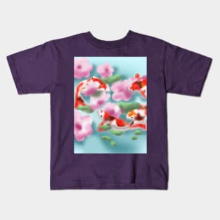 cherry blossoms and koi carp in blue-green water Kids T-Shirt